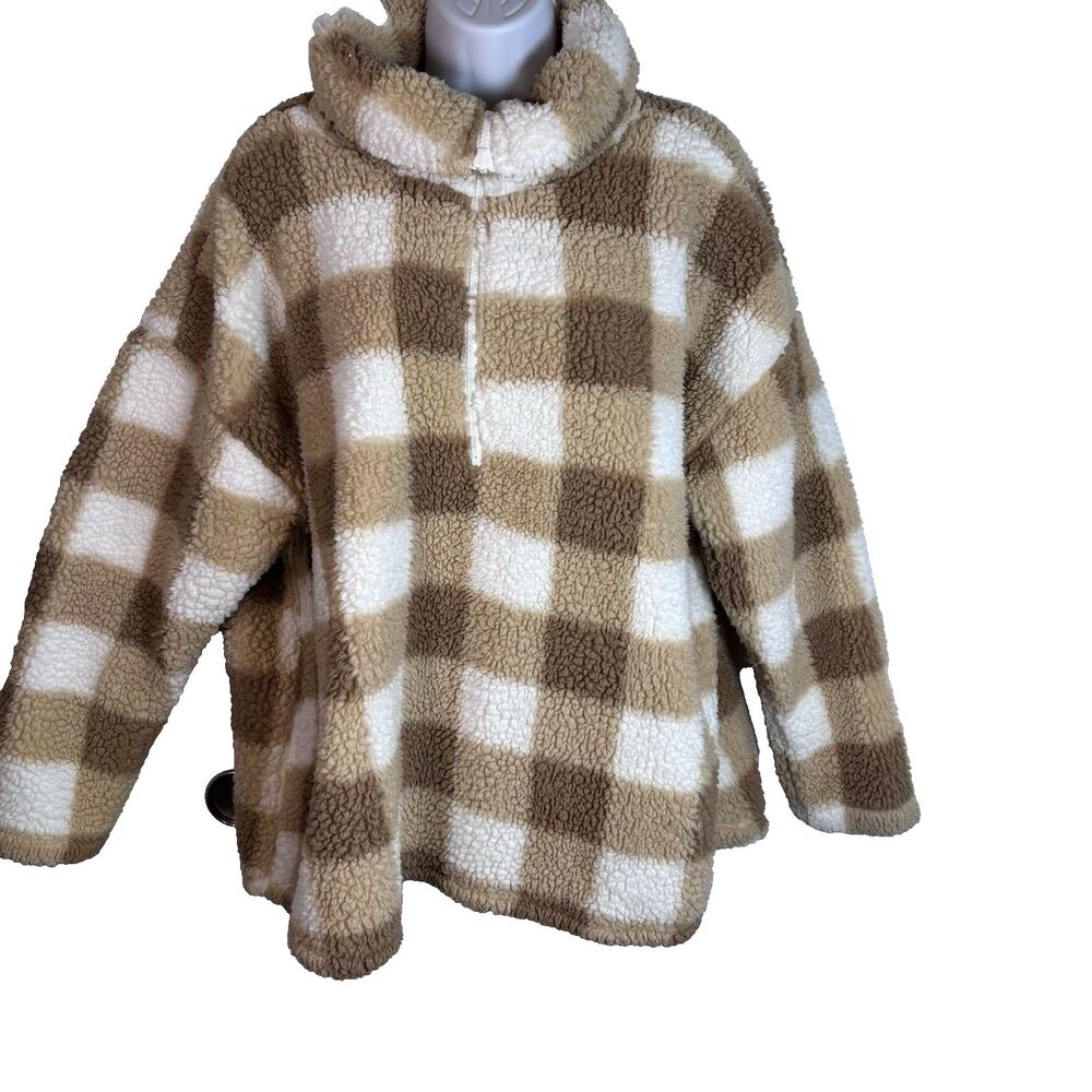 Dip Sherpa Fleece Plaid  Pullover Tan & White Checkered Teddy Size 2XL 1/2 Zip